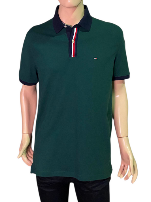 Polo Tommy Hilfiger Verde Bosque Talla L - Regular Fit con Detalle Tricolor
