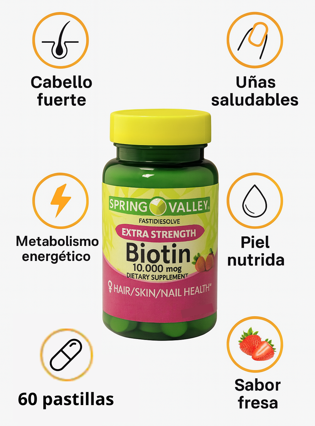 Spring Valley Biotina 10,000 mcg – 60 Tabletas de Disolución Rápida | Cabello, Piel y Uñas Saludables