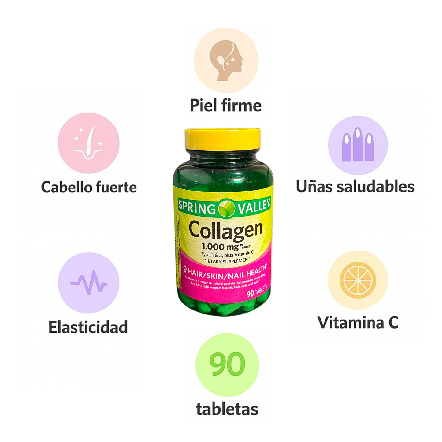 Spring Valley Colágeno Tipo 1 y 3 + Vitamina C – 1,000 mg | 90 Tabletas | Cabello, Piel y Uñas Saludables