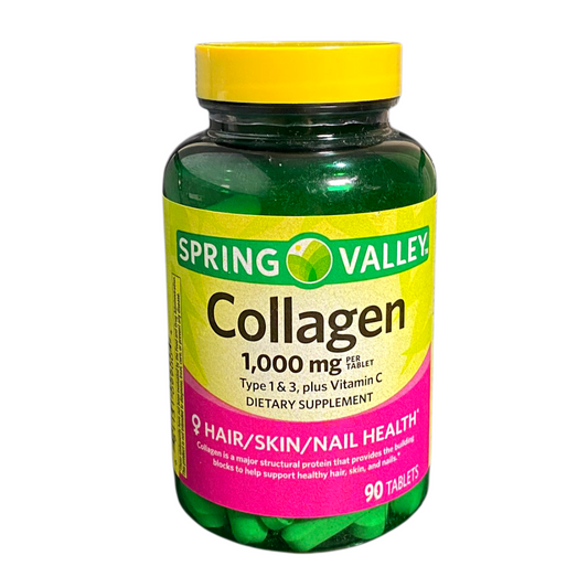 Spring Valley Colágeno Tipo 1 y 3 + Vitamina C – 1,000 mg | 90 Tabletas | Cabello, Piel y Uñas Saludables