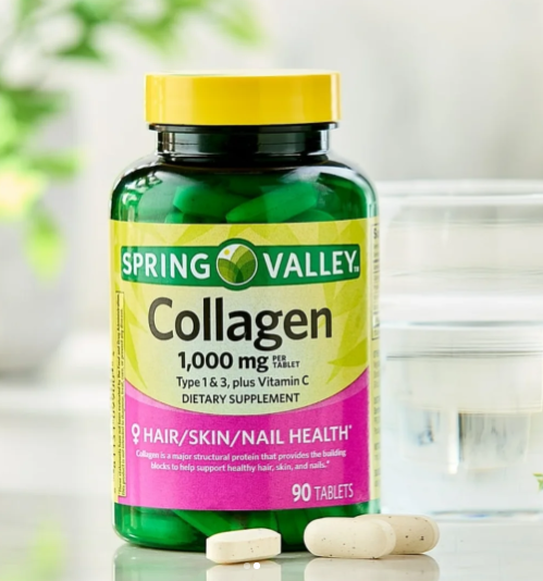 Spring Valley Colágeno Tipo 1 y 3 + Vitamina C – 1,000 mg | 90 Tabletas | Cabello, Piel y Uñas Saludables