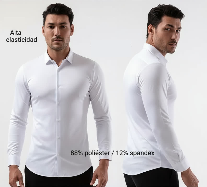 Camisa para Hombre sin Costuras – Manga Larga, Alta Elasticidad, Color Blanco