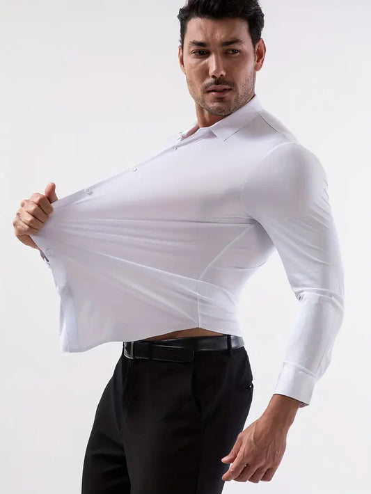 Camisa para Hombre sin Costuras – Manga Larga, Alta Elasticidad, Color Blanco