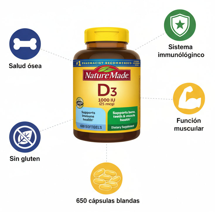 Nature Made Vitamina D3 – 650 Cápsulas Blandas | Apoyo Óseo, Muscular e Inmunológico