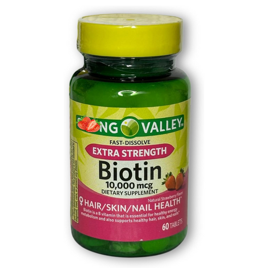 Spring Valley Biotina 10,000 mcg – 60 Tabletas de Disolución Rápida | Cabello, Piel y Uñas Saludables