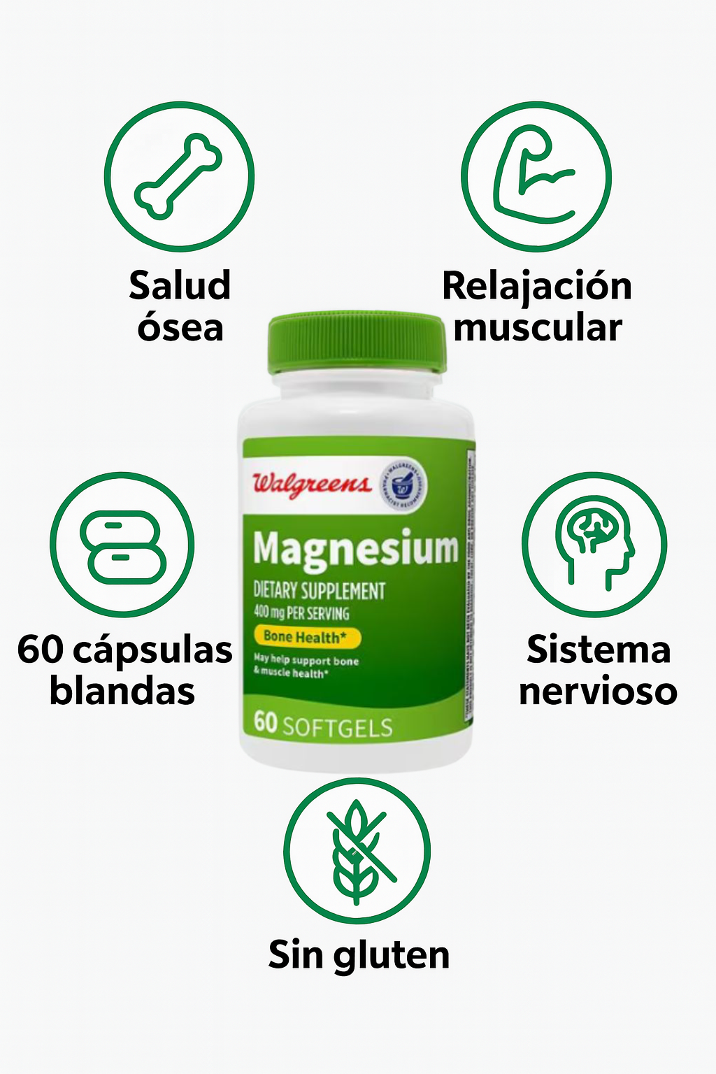 Walgreens Magnesio 400 mg – 60 Cápsulas Blandas | Apoyo Óseo, Muscular y Nervioso